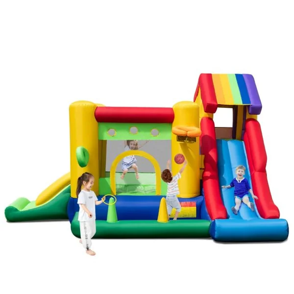 Château Gonflable à Thème Arc-en-ciel 7 en 1 avec Ventilateur Double Toboggans Piscine à Balles Panier de Basket Charge 90kg
