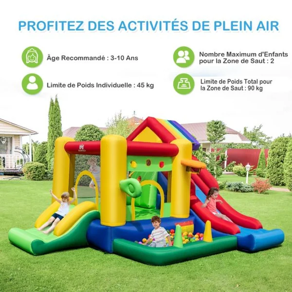 Château Gonflable à Thème Arc-en-ciel 7 en 1 avec Ventilateur Double Toboggans Piscine à Balles Panier de Basket Charge 90kg
