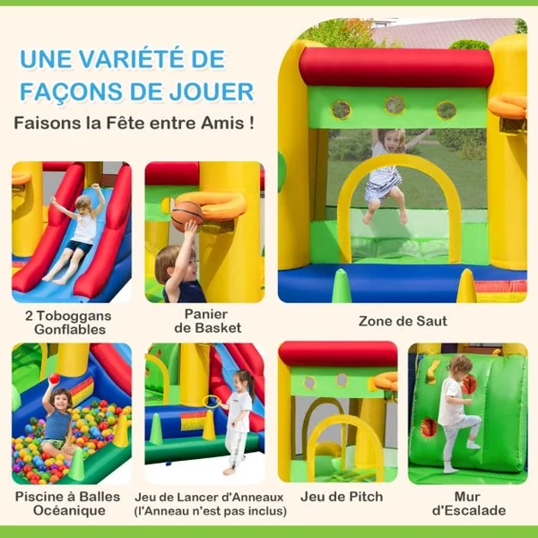Château Gonflable à Thème Arc-en-ciel 7 en 1 avec Ventilateur Double Toboggans Piscine à Balles Panier de Basket Charge 90kg