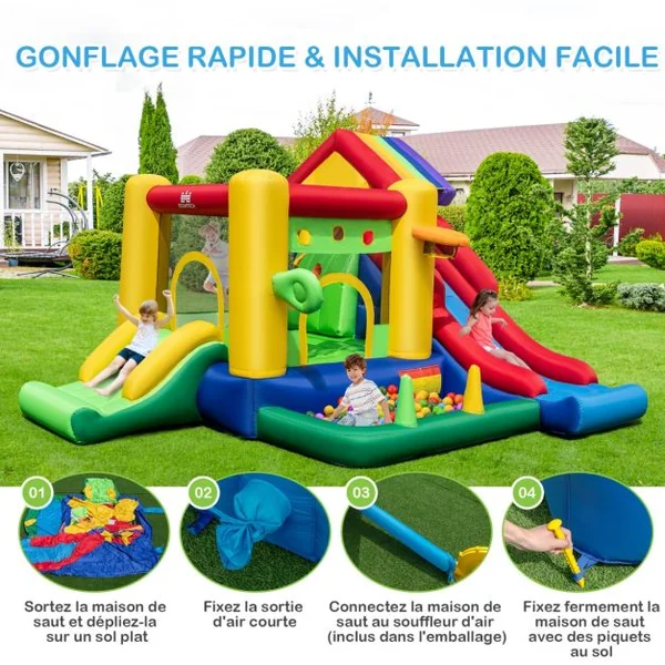 Château Gonflable à Thème Arc-en-ciel 7 en 1 avec Ventilateur Double Toboggans Piscine à Balles Panier de Basket Charge 90kg