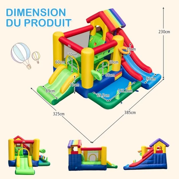 Château Gonflable à Thème Arc-en-ciel 7 en 1 avec Ventilateur Double Toboggans Piscine à Balles Panier de Basket Charge 90kg