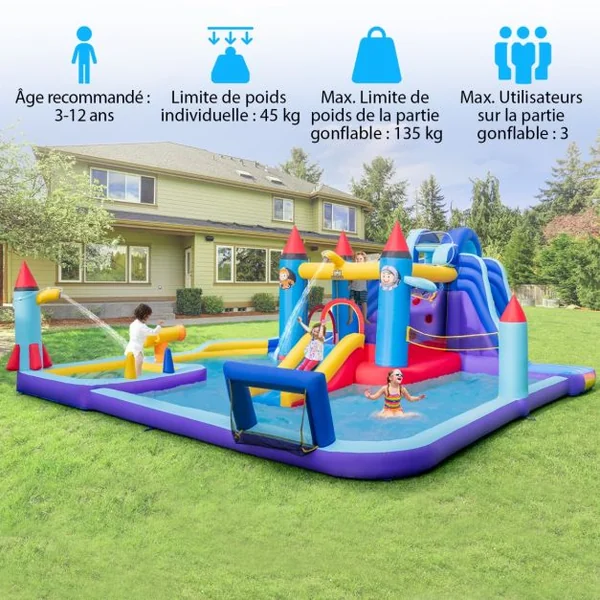 Château Gonflable à Toboggans Aquatiques Thème de La Fusée pour Enfants Piscine Zone de Saut Pistolet à Eau Escalade Souffleur de 850 W Multicolore