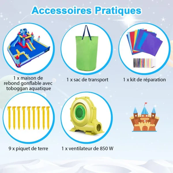 Château Gonflable à Toboggans Aquatiques Thème de La Fusée pour Enfants Piscine Zone de Saut Pistolet à Eau Escalade Souffleur de 850 W Multicolore