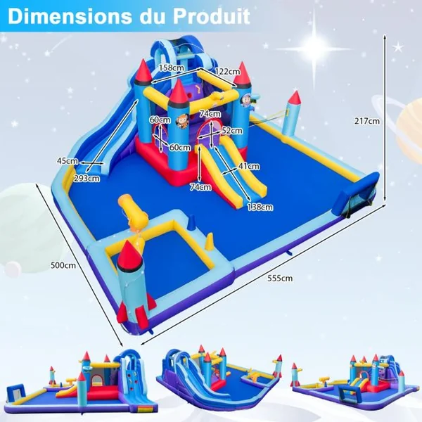 Château Gonflable à Toboggans Aquatiques Thème de La Fusée pour Enfants Piscine Zone de Saut Pistolet à Eau Escalade Souffleur de 850 W Multicolore