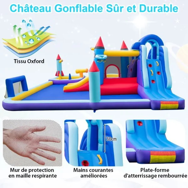 Château Gonflable à Toboggans Aquatiques Thème de La Fusée pour Enfants Piscine Zone de Saut Pistolet à Eau Escalade Souffleur de 850 W Multicolore