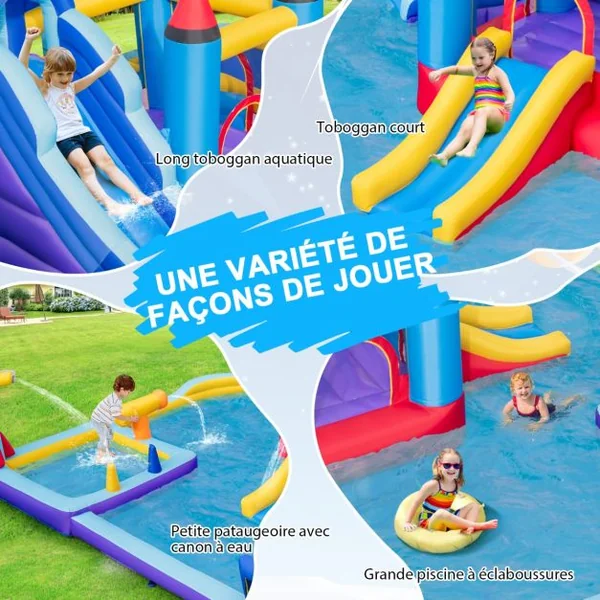 Château Gonflable à Toboggans Aquatiques Thème de La Fusée pour Enfants Piscine Zone de Saut Pistolet à Eau Escalade Souffleur de 850 W Multicolore