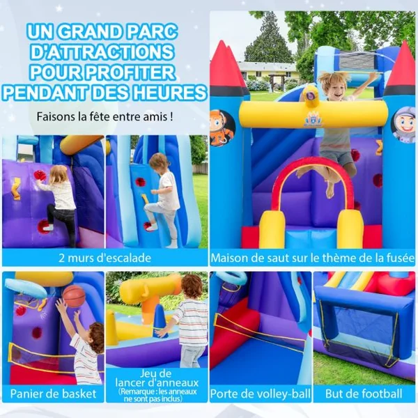 Château Gonflable à Toboggans Aquatiques Thème de La Fusée pour Enfants Piscine Zone de Saut Pistolet à Eau Escalade Souffleur de 850 W Multicolore