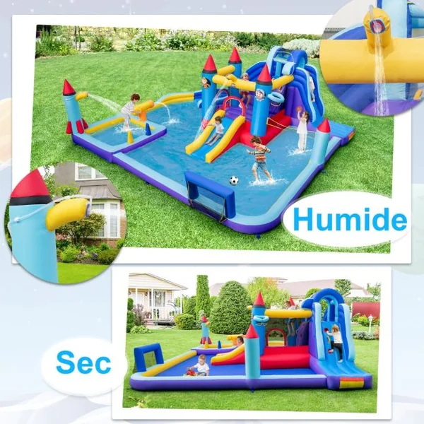 Château Gonflable à Toboggans Aquatiques Thème de La Fusée pour Enfants Piscine Zone de Saut Pistolet à Eau Escalade Souffleur de 850 W Multicolore