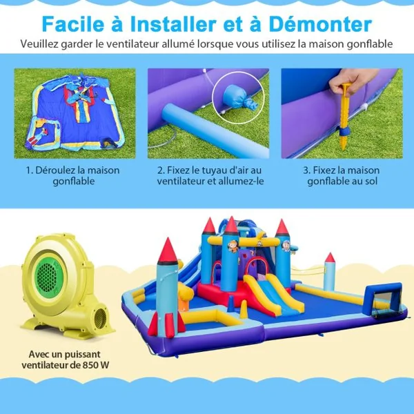 Château Gonflable à Toboggans Aquatiques Thème de La Fusée pour Enfants Piscine Zone de Saut Pistolet à Eau Escalade Souffleur de 850 W Multicolore