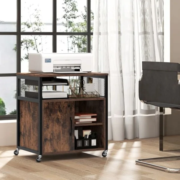 Classeur Latéral Mobile avec Station de Charge et Trou de Gestion des Câbles Support D'Imprimante avec 4 Roues Verrouillables Gris