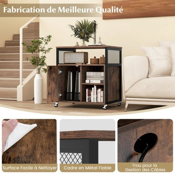 Classeur Latéral Mobile avec Station de Charge et Trou de Gestion des Câbles Support D'Imprimante avec 4 Roues Verrouillables Gris