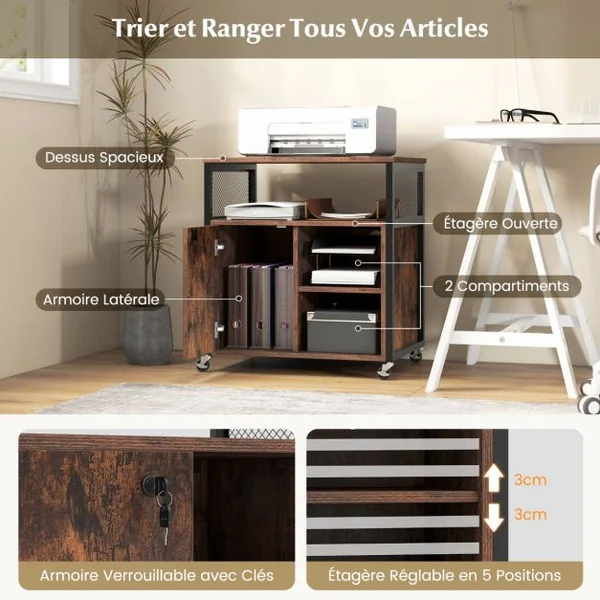 Classeur Latéral Mobile avec Station de Charge et Trou de Gestion des Câbles Support D'Imprimante avec 4 Roues Verrouillables Gris