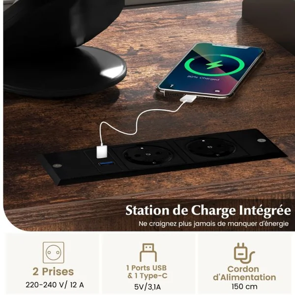 Classeur Latéral Mobile avec Station de Charge et Trou de Gestion des Câbles Support D'Imprimante avec 4 Roues Verrouillables Gris