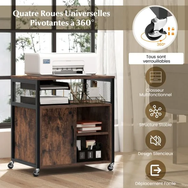 Classeur Latéral Mobile avec Station de Charge et Trou de Gestion des Câbles Support D'Imprimante avec 4 Roues Verrouillables Gris