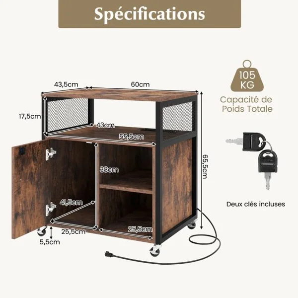 Classeur Latéral Mobile avec Station de Charge et Trou de Gestion des Câbles Support D'Imprimante avec 4 Roues Verrouillables Gris