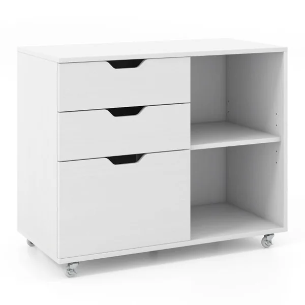Classeur à 3 Tiroirs Support d'Imprimante Mobile avec Etagère Réglable Classeur Latéral à Roulettes pour Lettre A4 Blanc/Marron Rustique