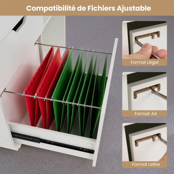 Classeur à 3 Tiroirs Support d'Imprimante Mobile avec Etagère Réglable Classeur Latéral à Roulettes pour Lettre A4 Blanc/Marron Rustique