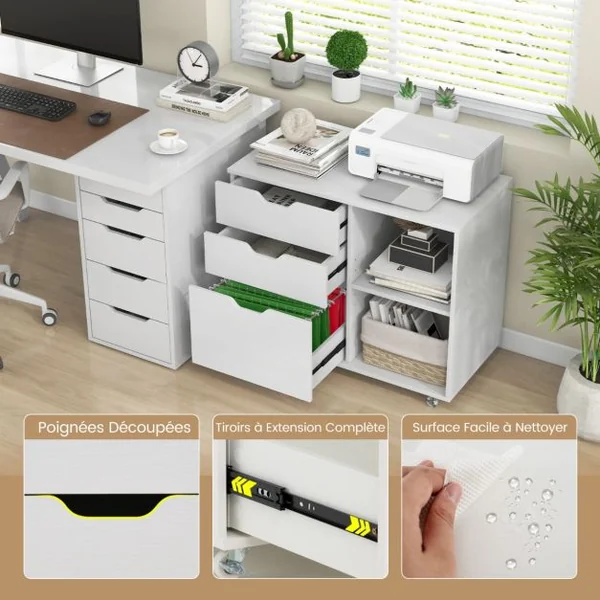 Classeur à 3 Tiroirs Support d'Imprimante Mobile avec Etagère Réglable Classeur Latéral à Roulettes pour Lettre A4 Blanc/Marron Rustique
