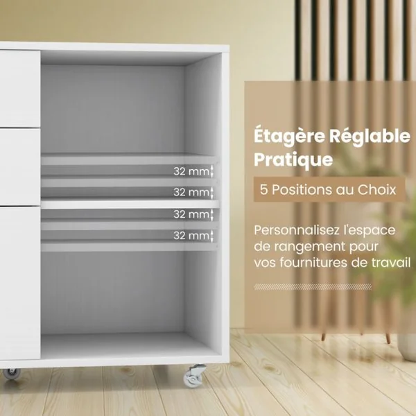 Classeur à 3 Tiroirs Support d'Imprimante Mobile avec Etagère Réglable Classeur Latéral à Roulettes pour Lettre A4 Blanc/Marron Rustique