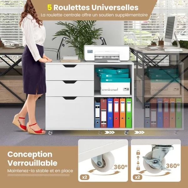 Classeur à 3 Tiroirs Support d'Imprimante Mobile avec Etagère Réglable Classeur Latéral à Roulettes pour Lettre A4 Blanc/Marron Rustique