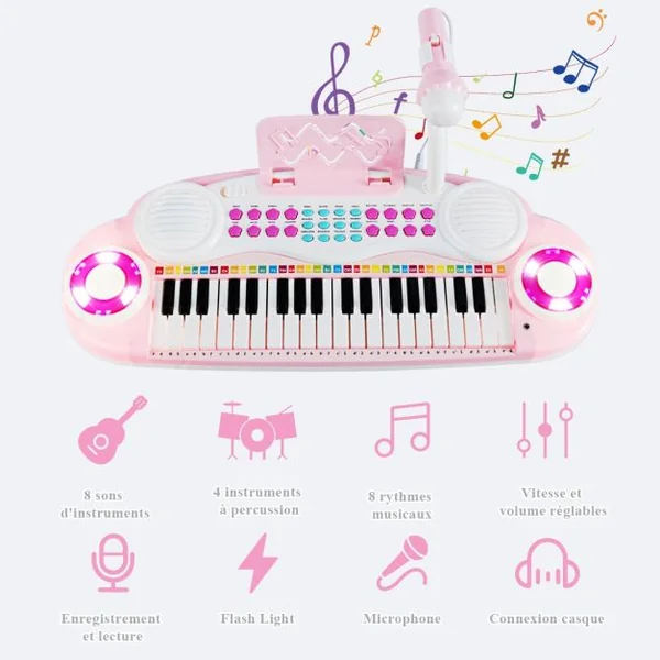 Clavier de Piano Electronique à 37 Touches pour Enfants Jouet Educatif Portable avec Lumière Rythmique Rose