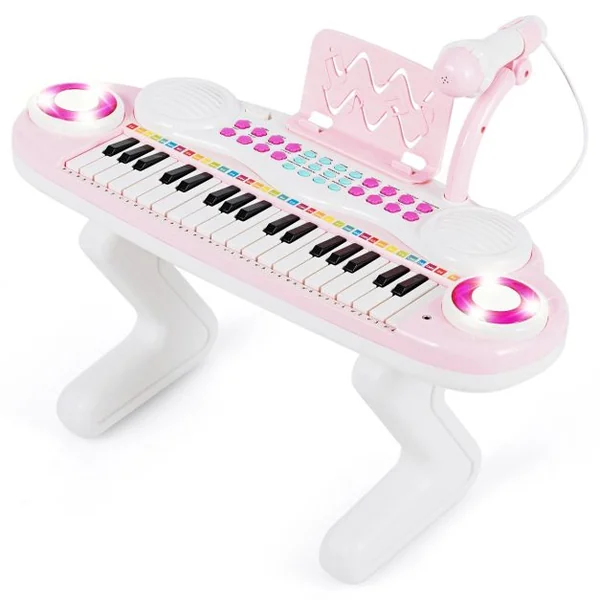 Clavier de Piano Electronique à 37 Touches pour Enfants Jouet Educatif Portable avec Lumière Rythmique Rose