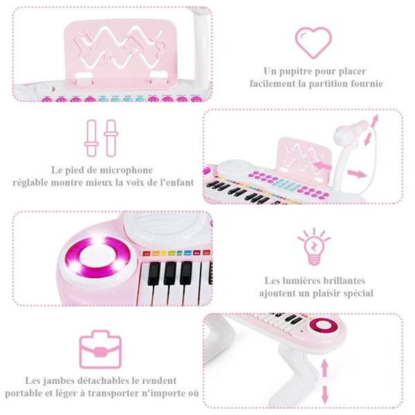 Clavier de Piano Electronique à 37 Touches pour Enfants Jouet Educatif Portable avec Lumière Rythmique Rose