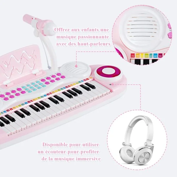 Clavier de Piano Electronique à 37 Touches pour Enfants Jouet Educatif Portable avec Lumière Rythmique Rose
