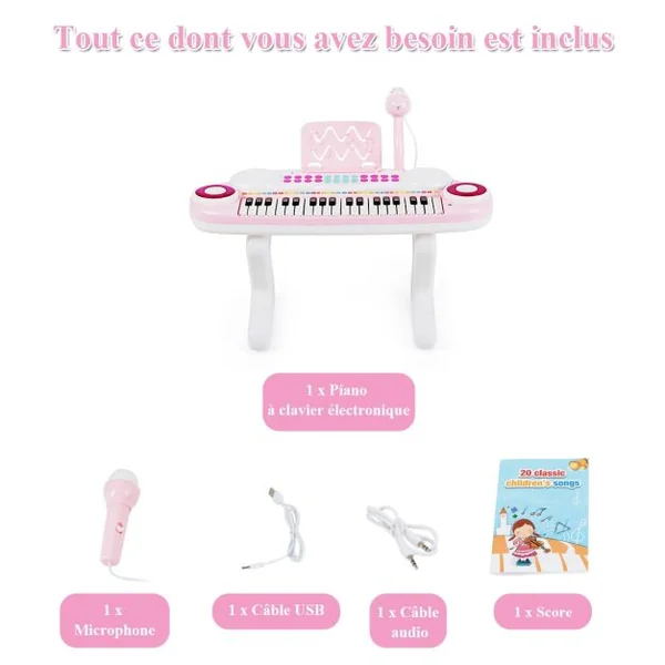 Clavier de Piano Electronique à 37 Touches pour Enfants Jouet Educatif Portable avec Lumière Rythmique Rose