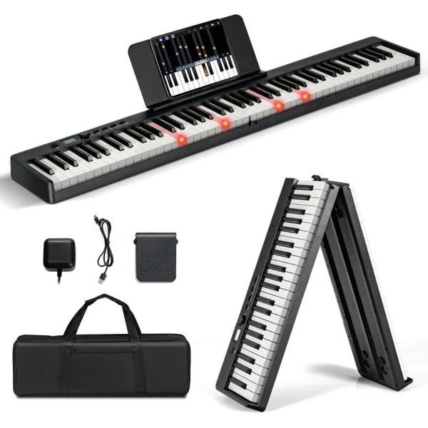 Clavier de Piano Numérique Pliable avec 88 Touches Lourdes LED Pleine Grandeur Fonction 2 Clavier MP3/USB/MIDI Noir/Blanc