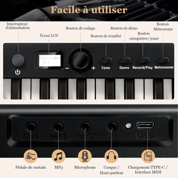 Clavier de Piano Numérique Pliable avec 88 Touches Lourdes LED Pleine Grandeur Fonction 2 Clavier MP3/USB/MIDI Noir/Blanc