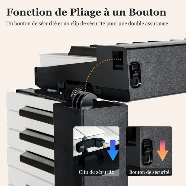Clavier de Piano Numérique Pliable avec 88 Touches Lourdes LED Pleine Grandeur Fonction 2 Clavier MP3/USB/MIDI Noir/Blanc