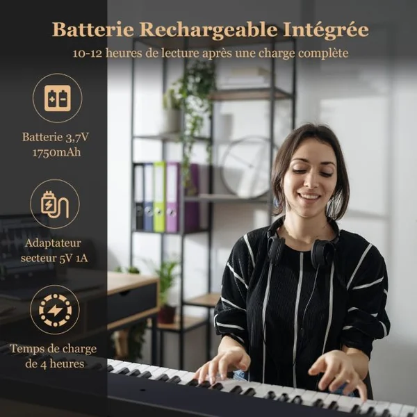 Clavier de Piano Numérique Pliable avec 88 Touches Lourdes LED Pleine Grandeur Fonction 2 Clavier MP3/USB/MIDI Noir/Blanc