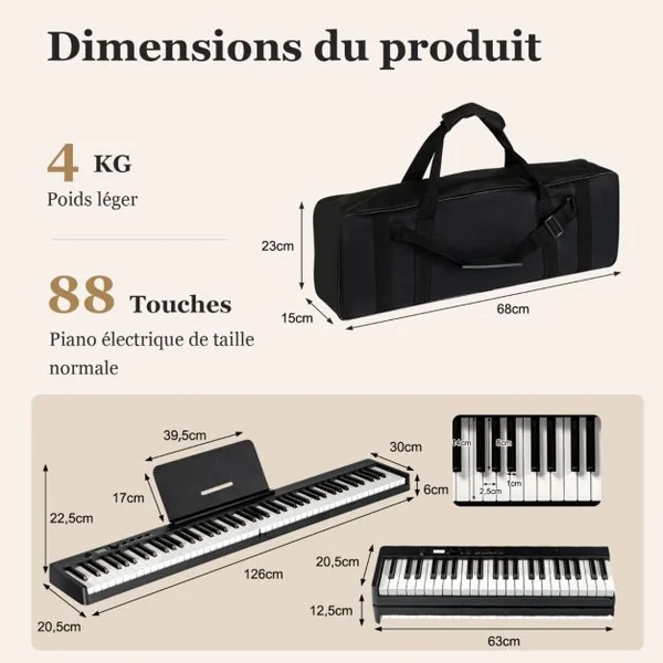 Clavier de Piano Numérique Pliable avec 88 Touches Lourdes LED Pleine Grandeur Fonction 2 Clavier MP3/USB/MIDI Noir/Blanc