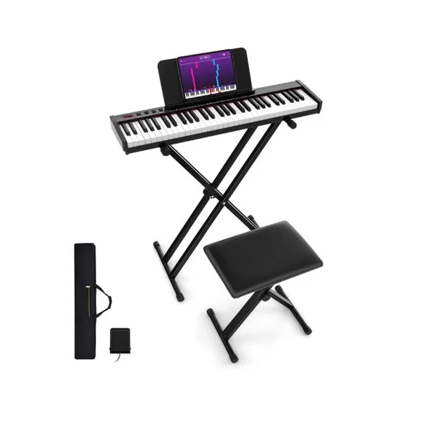 Clavier Electronique Portable à 61 Touches avec Support et Tabouret Touches Semi-lestées Fonction Audio MIDI Sans Fil Pupitre