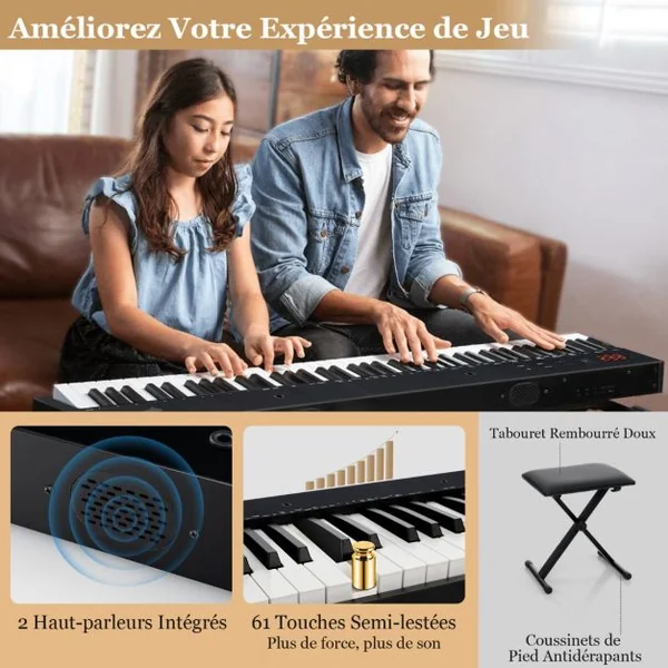 Clavier Electronique Portable à 61 Touches avec Support et Tabouret Touches Semi-lestées Fonction Audio MIDI Sans Fil Pupitre