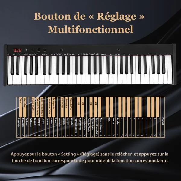 Clavier Electronique Portable à 61 Touches avec Support et Tabouret Touches Semi-lestées Fonction Audio MIDI Sans Fil Pupitre