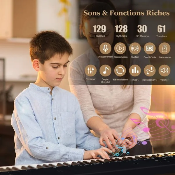 Clavier Electronique Portable à 61 Touches avec Support et Tabouret Touches Semi-lestées Fonction Audio MIDI Sans Fil Pupitre