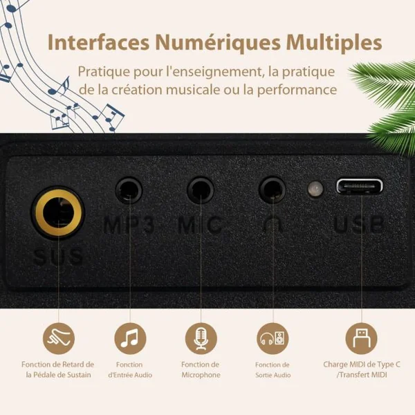 Clavier Numérique Piano 88 Touches Portable Fonction Bluetooth Réglable 128 Rythmes 2 Haut-Parleurs pour Enfants&Adultes