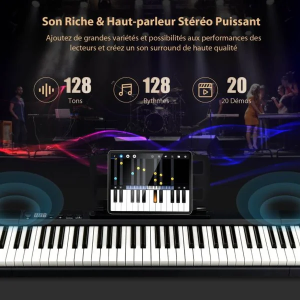 Clavier Numérique Piano 88 Touches Portable Fonction Bluetooth Réglable 128 Rythmes 2 Haut-Parleurs pour Enfants&Adultes