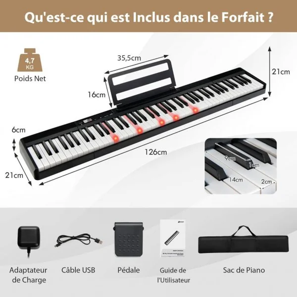 Clavier Numérique Piano 88 Touches Portable Fonction Bluetooth Réglable 128 Rythmes 2 Haut-Parleurs pour Enfants&Adultes