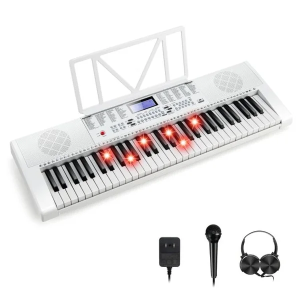 Clavier Électronique à 61 Touches Portable avec Microphone Pupitre 255 Sons 255 Rythmes 24Démo 3 Modes Blanc