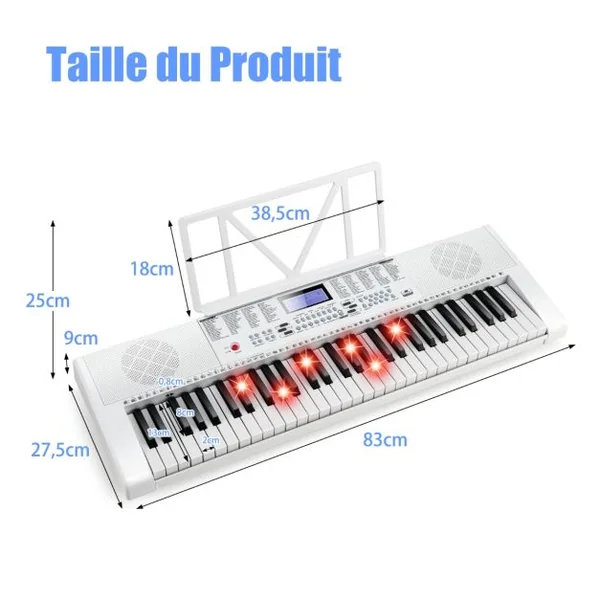 Clavier Électronique à 61 Touches Portable avec Microphone Pupitre 255 Sons 255 Rythmes 24Démo 3 Modes Blanc