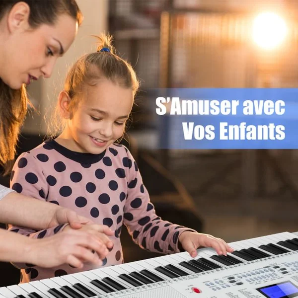 Clavier Électronique à 61 Touches Portable avec Microphone Pupitre 255 Sons 255 Rythmes 24Démo 3 Modes Blanc