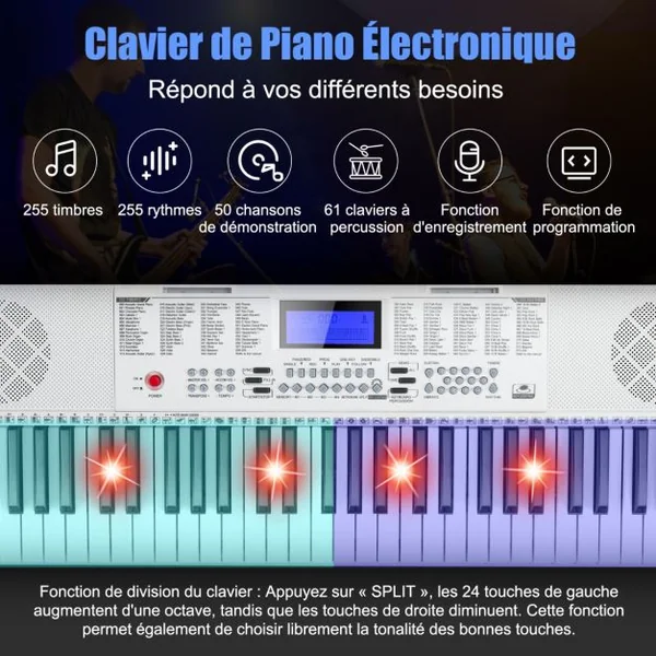 Clavier Électronique à 61 Touches Portable avec Microphone Pupitre 255 Sons 255 Rythmes 24Démo 3 Modes Blanc