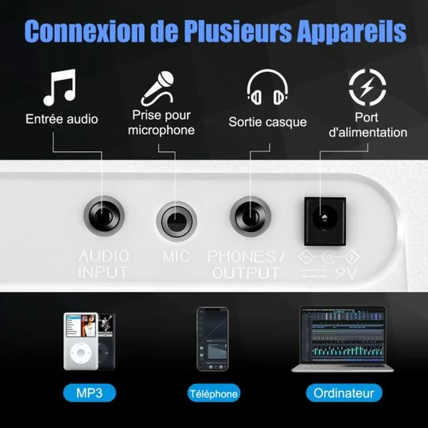 Clavier Électronique à 61 Touches Portable avec Microphone Pupitre 255 Sons 255 Rythmes 24Démo 3 Modes Blanc