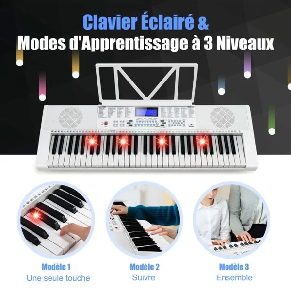 Clavier Électronique à 61 Touches Portable avec Microphone Pupitre 255 Sons 255 Rythmes 24Démo 3 Modes Blanc