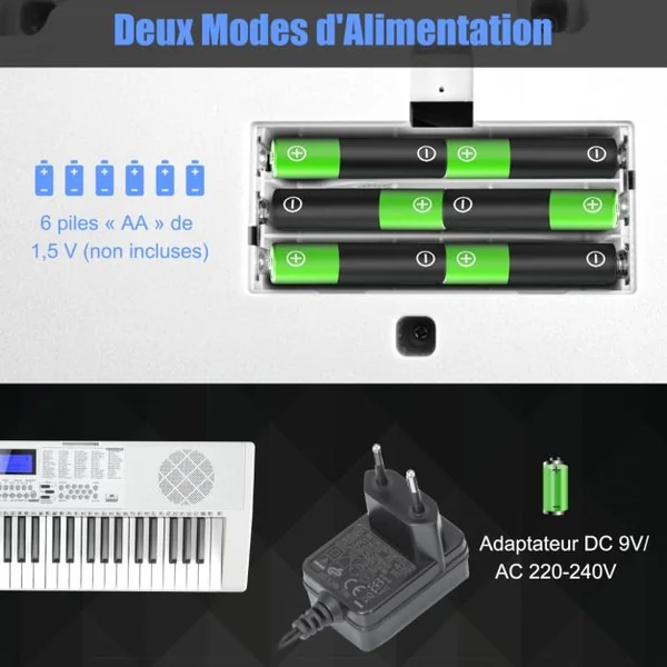 Clavier Électronique à 61 Touches Portable avec Microphone Pupitre 255 Sons 255 Rythmes 24Démo 3 Modes Blanc