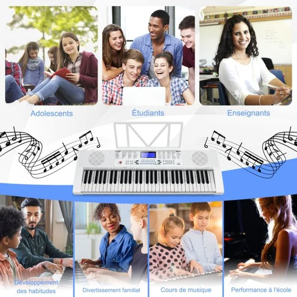 Clavier Électronique à 61 Touches Portable avec Microphone Pupitre 255 Sons 255 Rythmes 24Démo 3 Modes Blanc