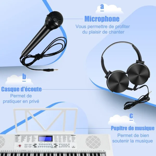 Clavier Électronique à 61 Touches Portable avec Microphone Pupitre 255 Sons 255 Rythmes 24Démo 3 Modes Blanc